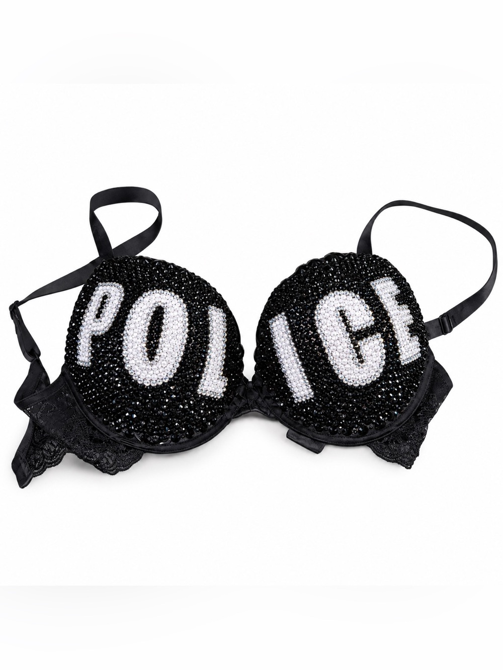 34B Sexy Cop Black Lace Design Rhinestone Crystal Glam Bra New